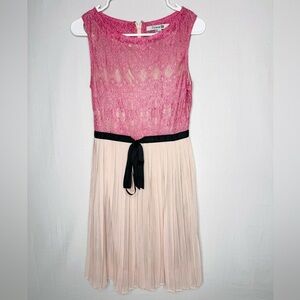 Vintage 2000 Womens Pink Dress Lace Pleated Tie Bow Twee Coquette Rockabilly